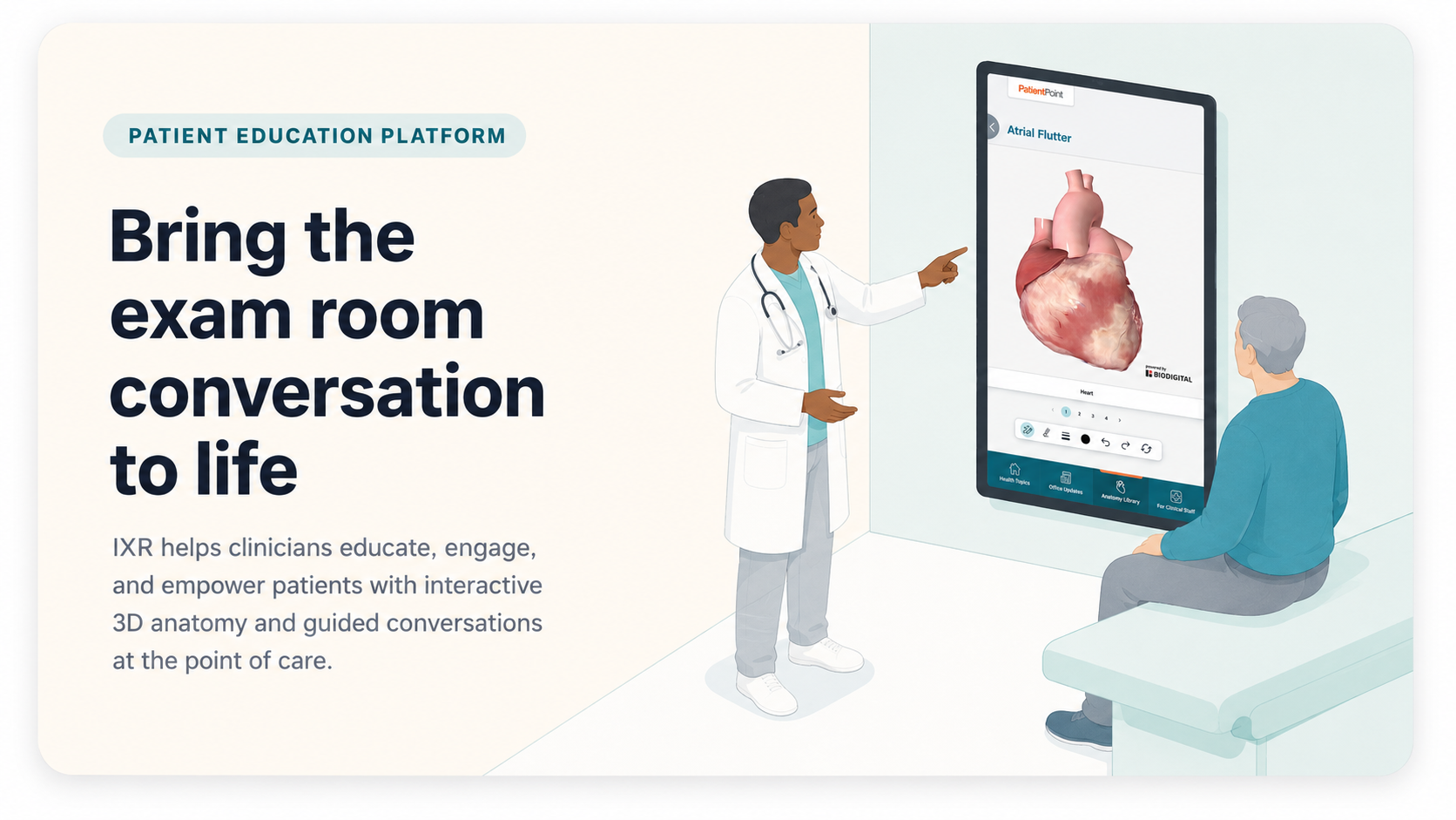 Interactive Exam Room splash screen with healthcare education artwork