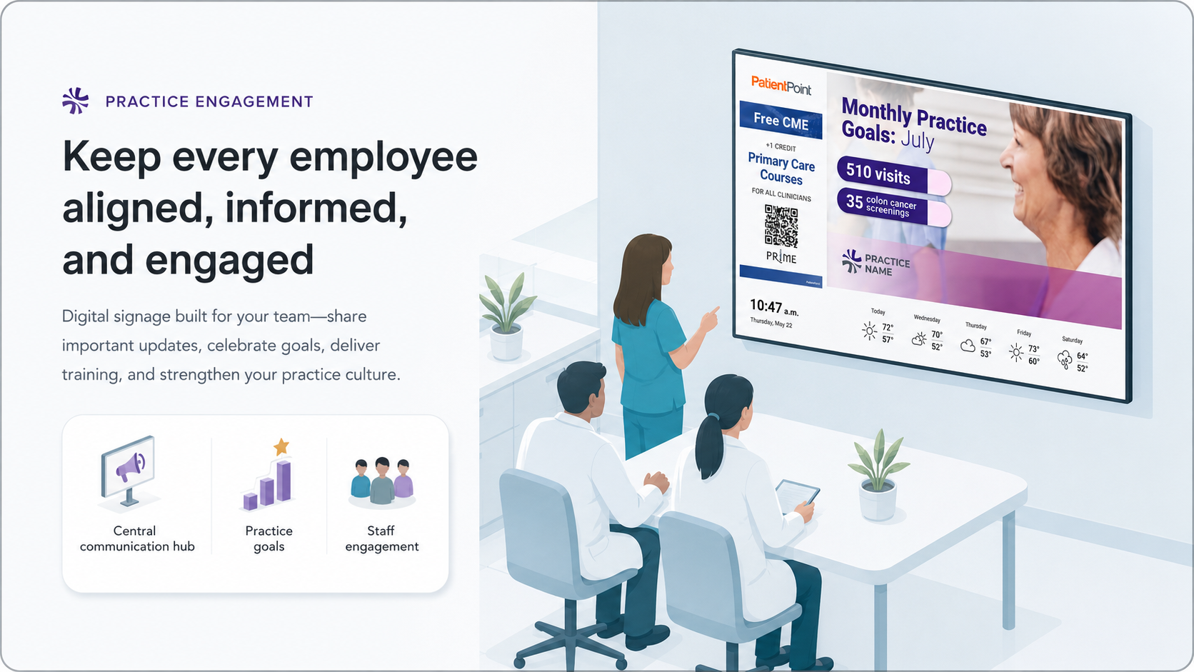 Practice Engagement splash screen with digital signage artwork